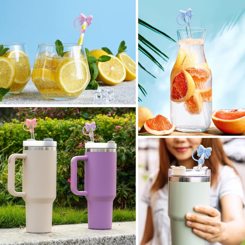 linmaya 6PCS Bow Straw Toppers, Cute Straws Covers for Stanley 30&40 Oz Tumbler with Handle, 10mm Dust-Proof Drinking Straw Dispensers Straw Topper Cap for Girls Kids (Pink Blue Purple) - Image 5